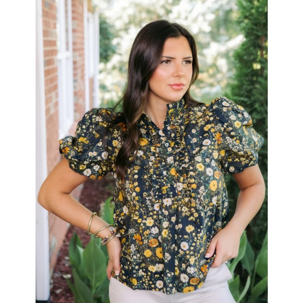 Entro Puff Sleeve Floral Blouse Womens Medium Dark Floral Ruffle Neck T28197 - Picture 3 of 9